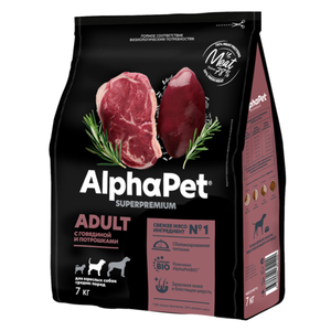 Уценка! Срок 14.07.26/ Сухой корм AlphaPet Superpremium для взрослых собак средних пород с говядиной и потрошками