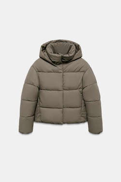 ZARA КОРОТКИЙ ПУХОВИК WINDPROOF ИЗ ПРОРЕЗИНЕННОЙ ТКАНИ, СЕРОВАТО-КОРИЧНЕВЫЙ