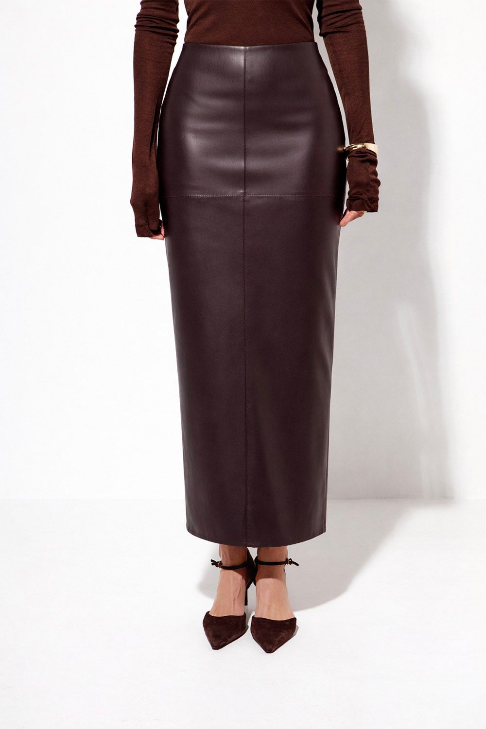 Юбка карандаш из экокожи шоколадного цвета