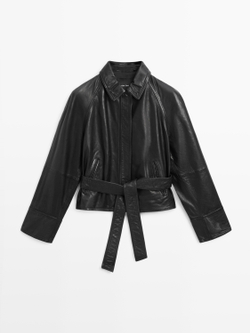 Massimo Dutti Куртка из кожи наппа с поясом, черный