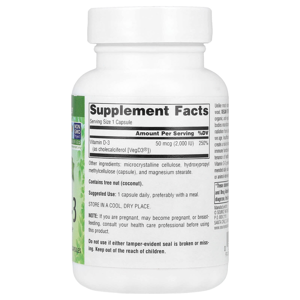 Source Naturals, Vegan True®, витамин D3 без ГМО, 50 мкг (2000 МЕ), 120 веганских капсул