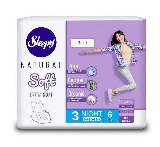 Sleepy Natural Прокладки женские гигиенические SOFT EXTRA SOFT 3 в 1 Night (7 кап) 6 шт