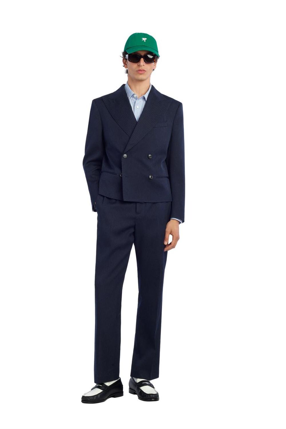 ZARA X BENITO ANTONIO КОСТЮМНЫЕ БРЮКИ-КЛЕШ В ТОНКУЮ ПОЛОСКУ, ТЕМНО-СИНИЙ
