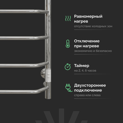 Полотенцесушитель электрический EWRIKA Сафо FT 80x55 см, подключение справа, слева, глянцевый хром, лесенка, с полкой