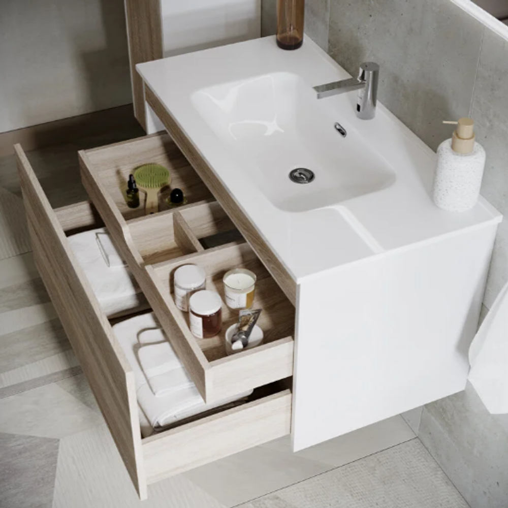 Тумба подвесная SANCOS Smart 990х450х500, c двумя ящиками оснащенными доводчиками, дуб бардолино/белый , арт. SM100E