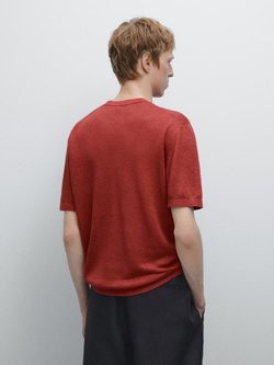 Massimo Dutti Трикотажная футболка с короткими рукавами из 100% льна, коралловый