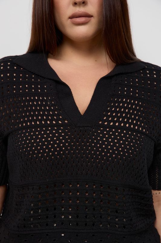 Поло вязаное ажурное с коротким рукавом, черный