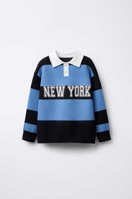 ZARA ТРИКОТАЖНЫЙ СВИТЕР ПОЛО VARSITY В ПОЛОСКУ, СИНИЙ