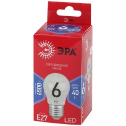 Лампочка светодиодная ЭРА RED LINE LED P45-6W-865-E27 R E27 / Е27 6Вт шар холодный дневной свет | Лампы cветодиодные Шар (G/P)