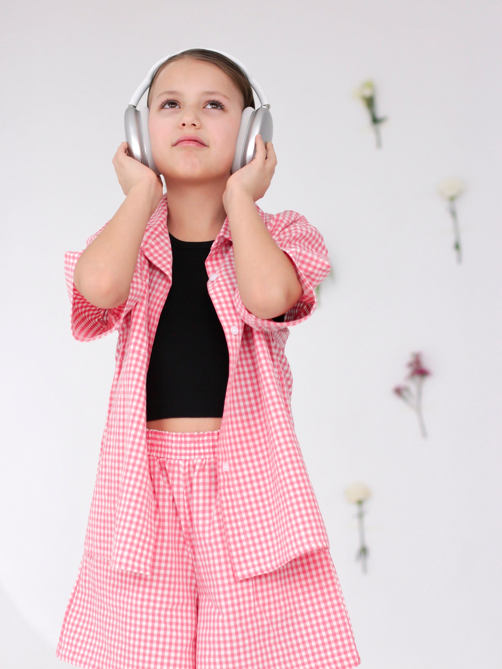 Костюм из варёного хлопка, рубашка и шорты "Розовая клеточка"