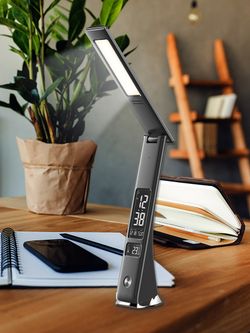 TLD-567 Black-LED-300Lm-4500K-Dimmer Светильник настольный c часами. календарем. термометром. 6W. Встроенный аккумулятор 2000mAh. Сенсорный выключатель. Диммер. Черный. ТМ Uniel