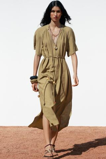 ZARA ПЛАТЬЕ МИДИ С ПОЯСОМ И БУСИНАМИ, ХАКИ
