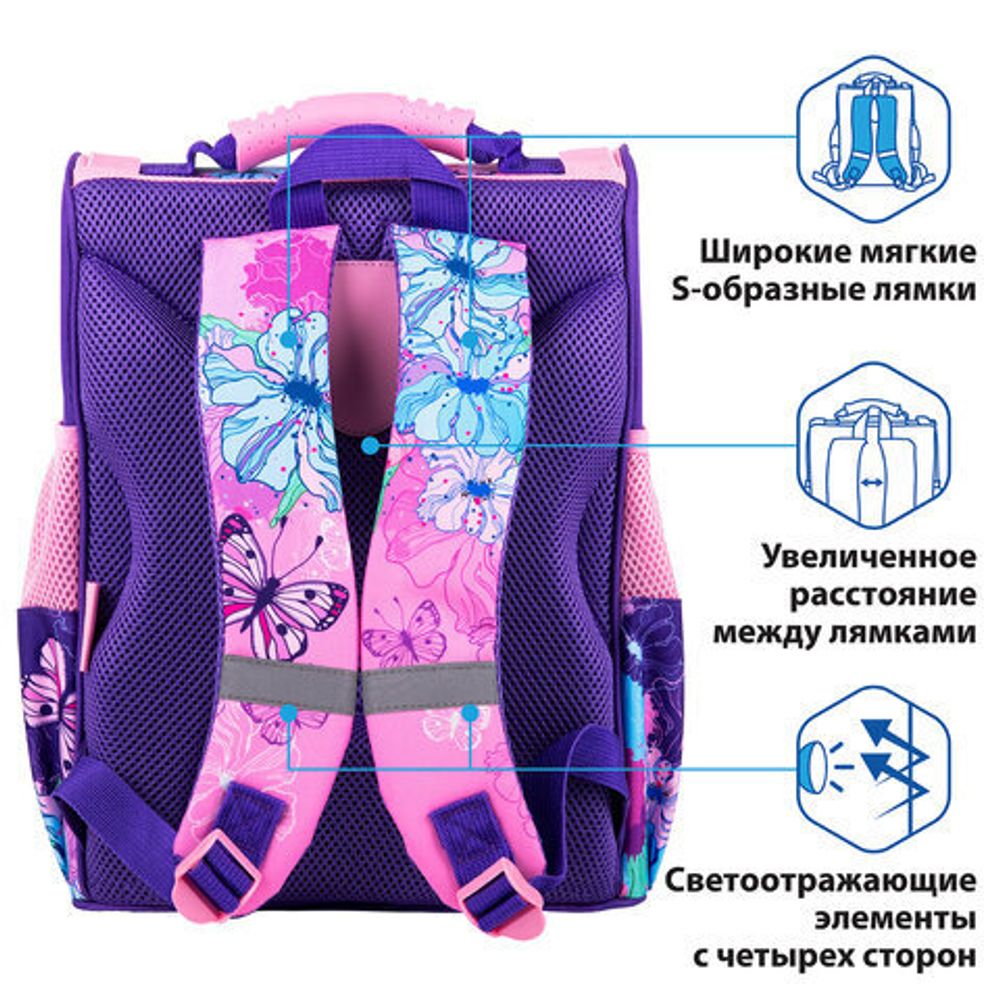 Ранец ПИФАГОР BASIC, с эргономичной спинкой, "Butterflies", 35х28х18 см, 270683