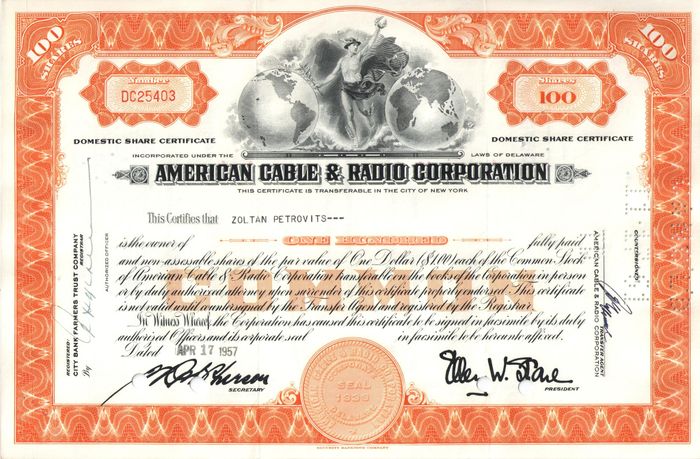 Акция American Cable & Radio Corporation 1954-1961 США