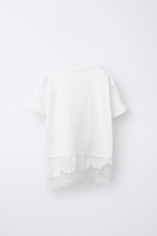 ZARA КОМБИНИРОВАННАЯ ФУТБОЛКА С КРУЖЕВОМ, БЕЛЫЙ