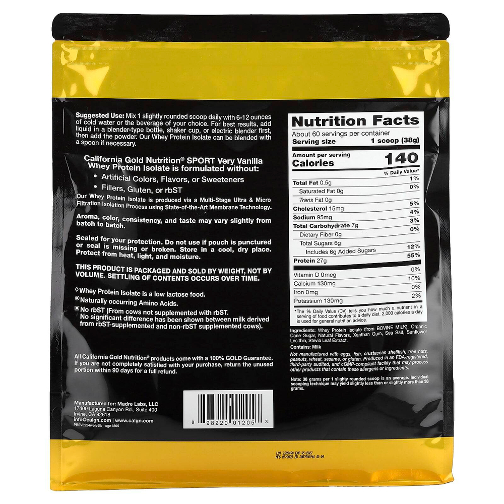 California Gold Nutrition, изолят сывороточного протеина, с ванильным вкусом, 2,27 кг (5 фунтов)