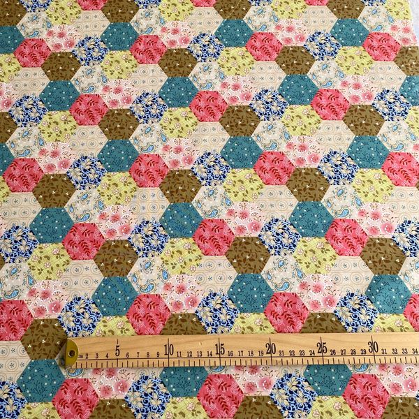 ГЕКСАГОНЫ БОТАНИКА ЗЕЛЕНО-БИРЮЗОВЫЕ, 100% хлопок Handmade Fabrics 2