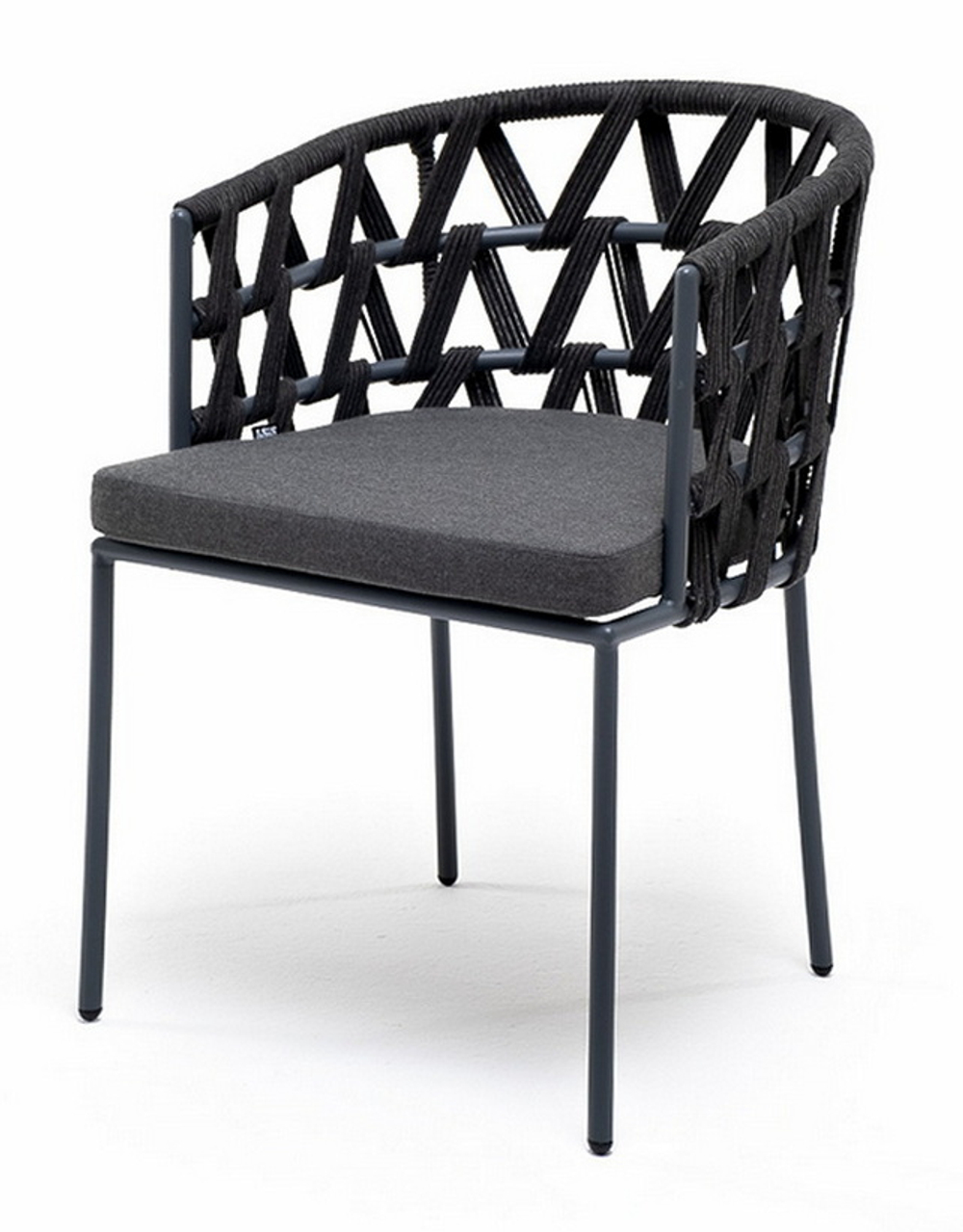 "Диего" стул плетеный из роупа, каркас из стали темно-серый (RAL7024) муар, роуп темно-серый круглый, ткань темно-серая 027
