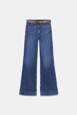 ZARA ДЖИНСЫ Z1975 КЛЕШ С ВЫСОКОЙ ПОСАДКОЙ И РЕМНЕМ, СИНИЙ