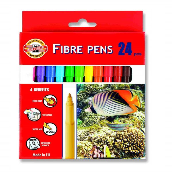 Фломастеры KOH-I-NOOR FISH 1002, 24цв, смываемые, вентилир., картон.упак. с подвесом