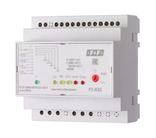 Реле контроля уровня жидкости PZ-832 230В AC 2х8А + 2х16А 2перекл. + 2НО IP20 (четырехуровневый контроль аварийных макс. и мин. уровней)