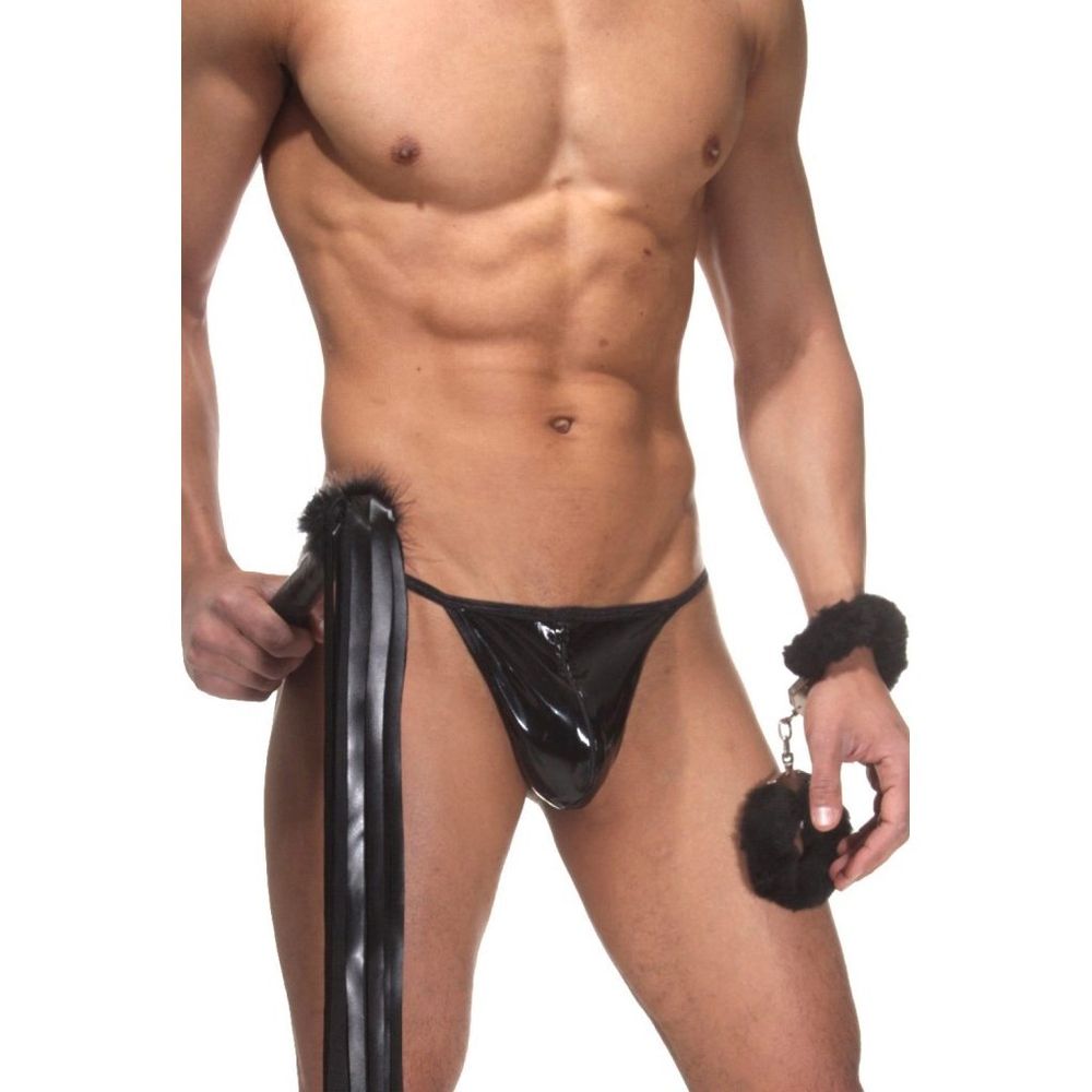 Мужской костюм 3в1 (стринги, наручники, плетка) черный La Blinque LB5041