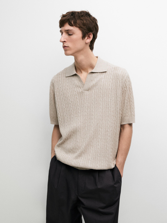Massimo Dutti Вязаная рубашка-поло с короткими рукавами и узором «косичка», норка