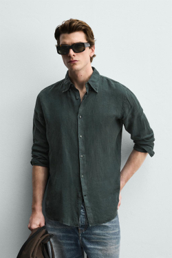 ZARA РУБАШКА REGULAR FIT ИЗ 100% ЛЬНА, ТЕМНО-ЗЕЛЕНЫЙ