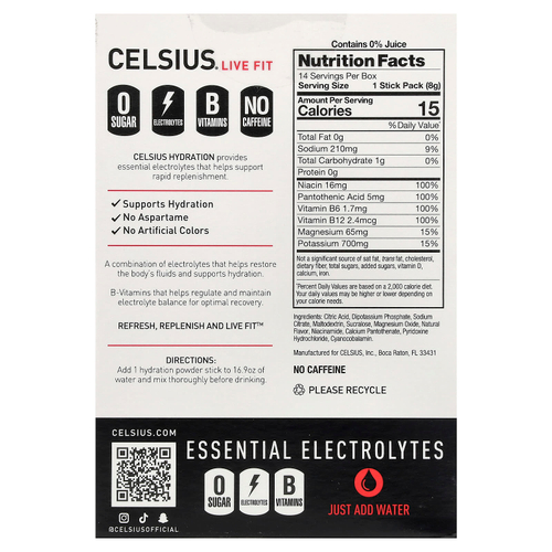 Celsius, Live Fit, увлажнение, незаменимые электролиты, без кофеина, фруктовый пунш, 14 порошковых стиков для увлажнения, 7,76 г (0,27 унции)