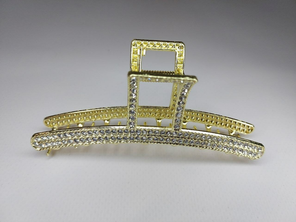 Заколка Краб Блестящий зажим для волос с квадратной дугой со стразами. Металлический. Усиленный.  Цвет золото.