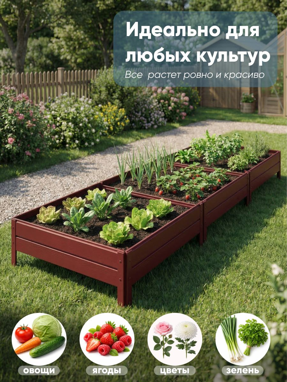 Грядка Ивановская 1х3 метра, борт 20см Красный (RAL 3005), (сборка: саморезы)