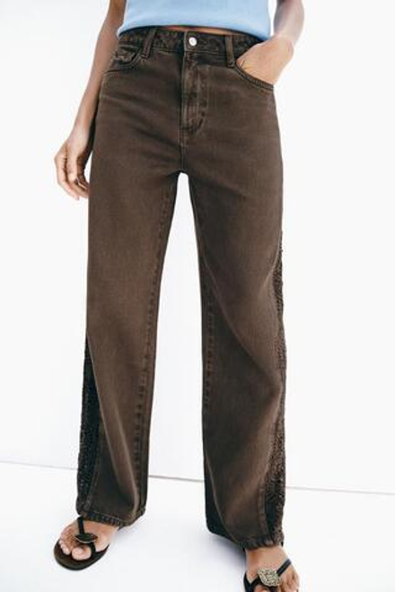 ZARA ДЖИНСЫ Z1975 LOOSE СО СРЕДНЕЙ ПОСАДКОЙ И ВСТАВКАМИ КРЮЧКОМ, КОРИЧНЕВЫЙ