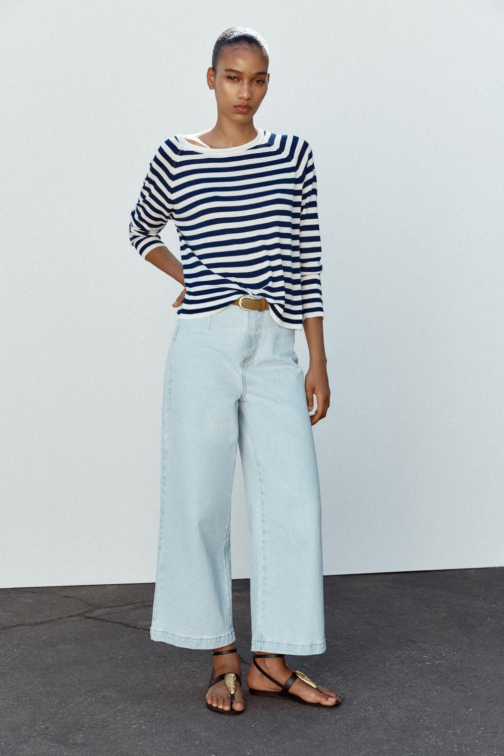 ZARA СВИТЕР ИЗ ТОНКОГО ТРИКОТАЖА В ПОЛОСКУ, ЭКРЮ/СИНИЙ