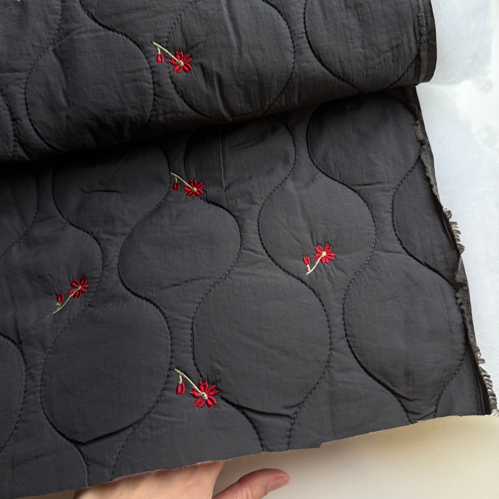 Курточная стежка Красные цветы на графитовом фоне