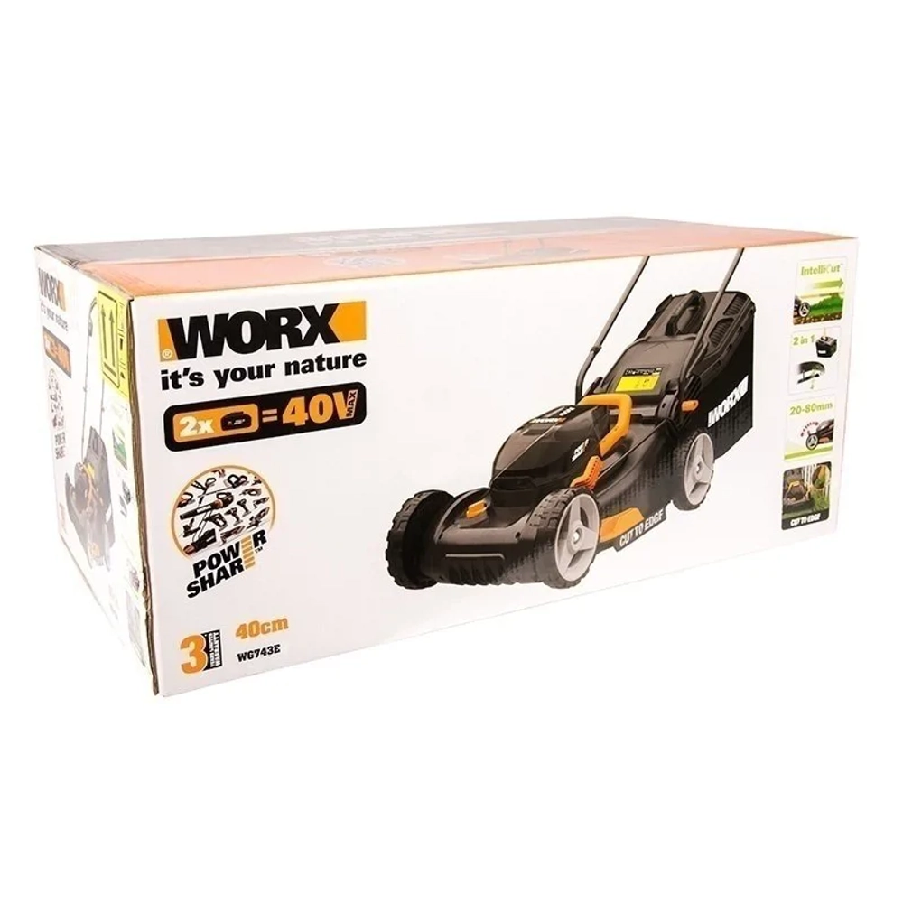 Газонокосилка аккумуляторная WORX WG743E 40В (2 x 4 Ач, ЗУ) нож 40 см, WG743E