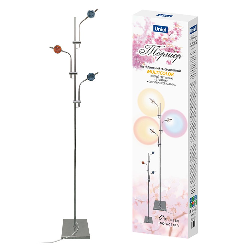 ULM-T641 3x2W-3000K CHROME MULTICOLOR Торшер напольный светодиодный. c регулировкой наклона. с линзами. Сменные светофильтры в-к. Механический выключатель. Металл. Хром. ТМ Uniel