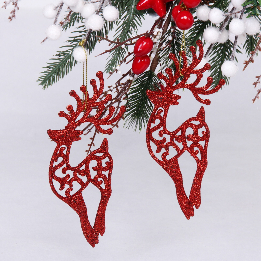 Подвески в блестках «Олень» 14 см (набор 2шт), красный