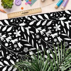 Ткань шифон белая трава на чёрном фоне