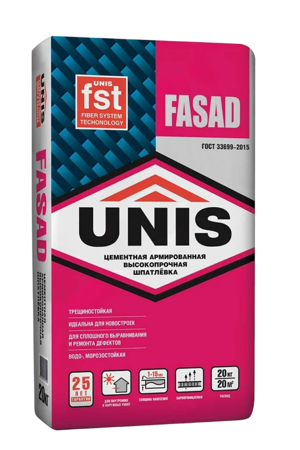 Шпатлевка Unis FASAD цементная высокопрочная белая армированная   20 кг