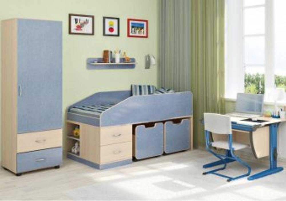 Детская стенка КарИВи Легенда 8  Дуб Молочный Светло-синий, голубой