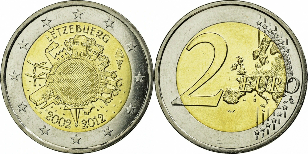 Люксембург 2 евро, 2012 10 лет евро наличными UNC
