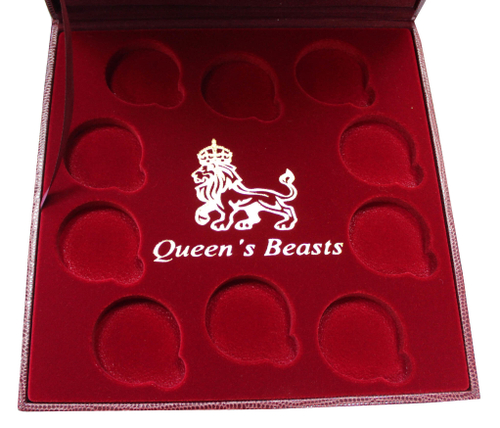 Футляр на 10 ячеек для  монет Звери Королевы (Великобритания) "Queen Beasts" (бордо). (Пустой)