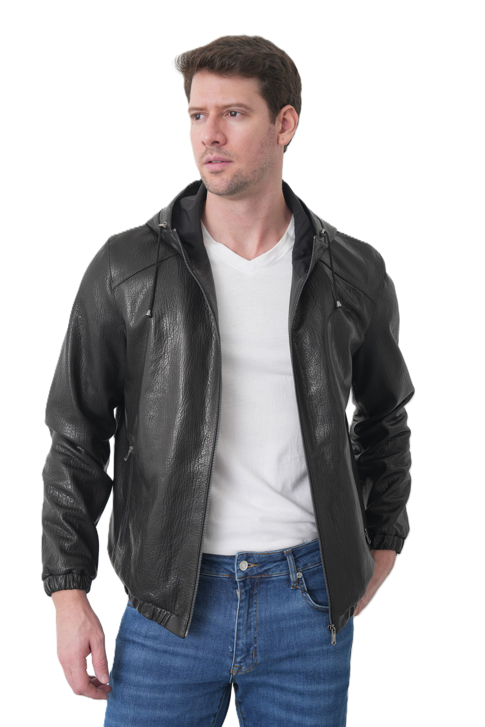 KHIMEONE Мужская кожаная куртка бомбер с капюшоном