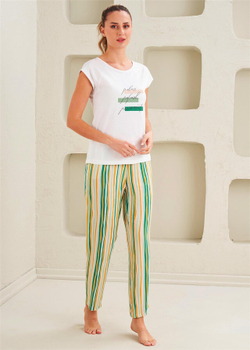 Женская Пижама 2-х предметная - Классический стиль, короткий рукав - Зеленая полоса - 10814