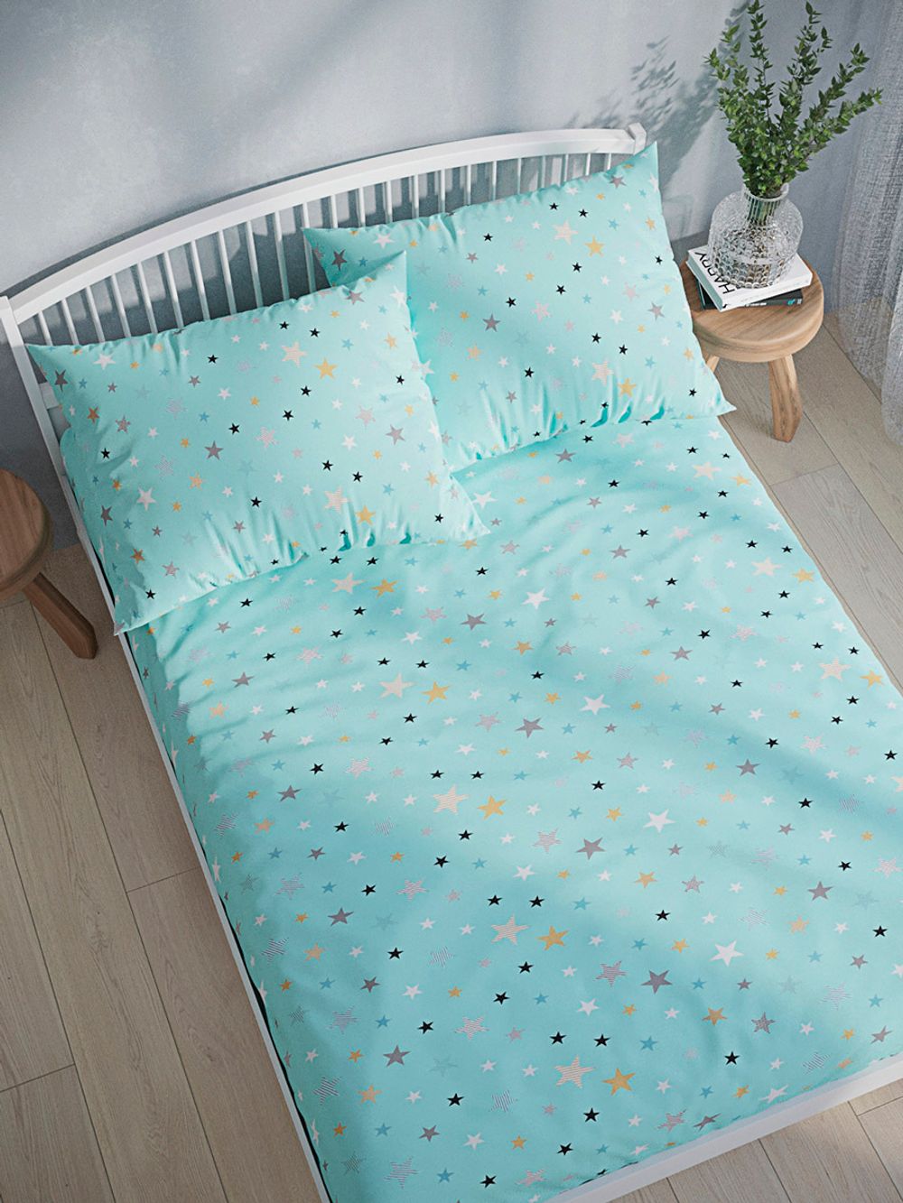 Простынь на резинке бязь Сказка "Звезды (мята)" 90x200 см