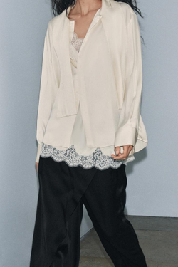 ZARA КОМБИНИРОВАННАЯ АТЛАСНАЯ БЛУЗА ZW COLLECTION, КРЕМОВЫЙ