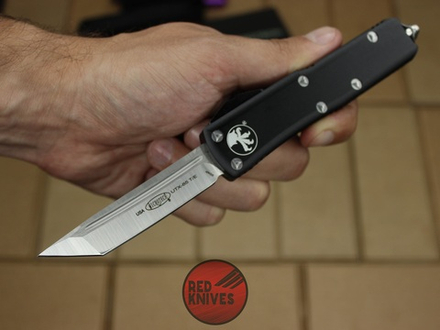 Нож Microtech UTX-85 T/E - черная рукоять, танто клинок, сатин + запчасти RK-390