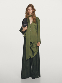 Massimo Dutti Вид Длинная блузка с V-образным вырезом и шнуровкой - STUDIO, зеленый