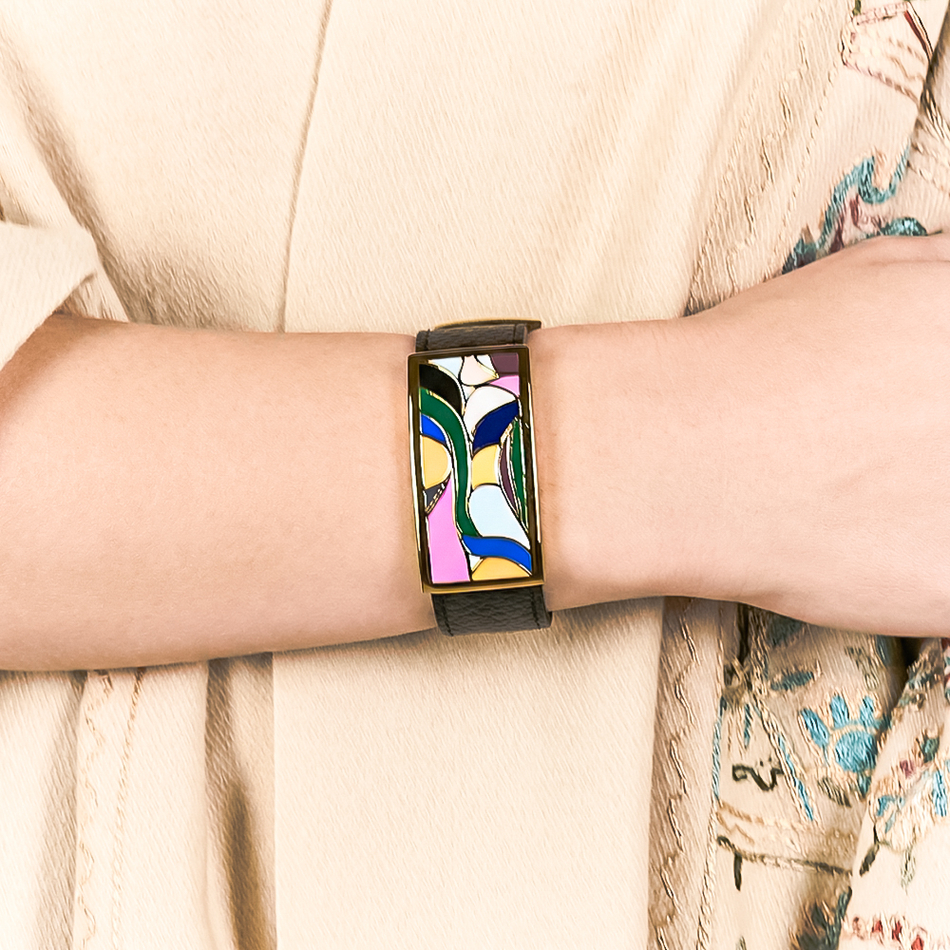 Браслет Fiore Luna на черном кожаном ремешке CB13600-20