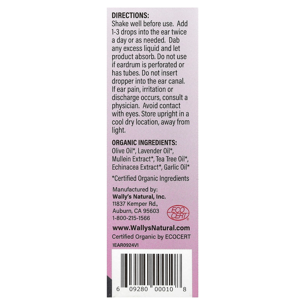 Wally's Natural, органическое масло для ушей, капли, 30 мл (1 жидк. унция)